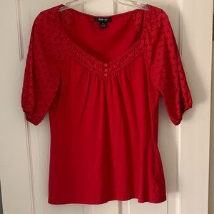 2/$20 Red Shirt with Eyelet Sleeves and Neckline - Size Medium
